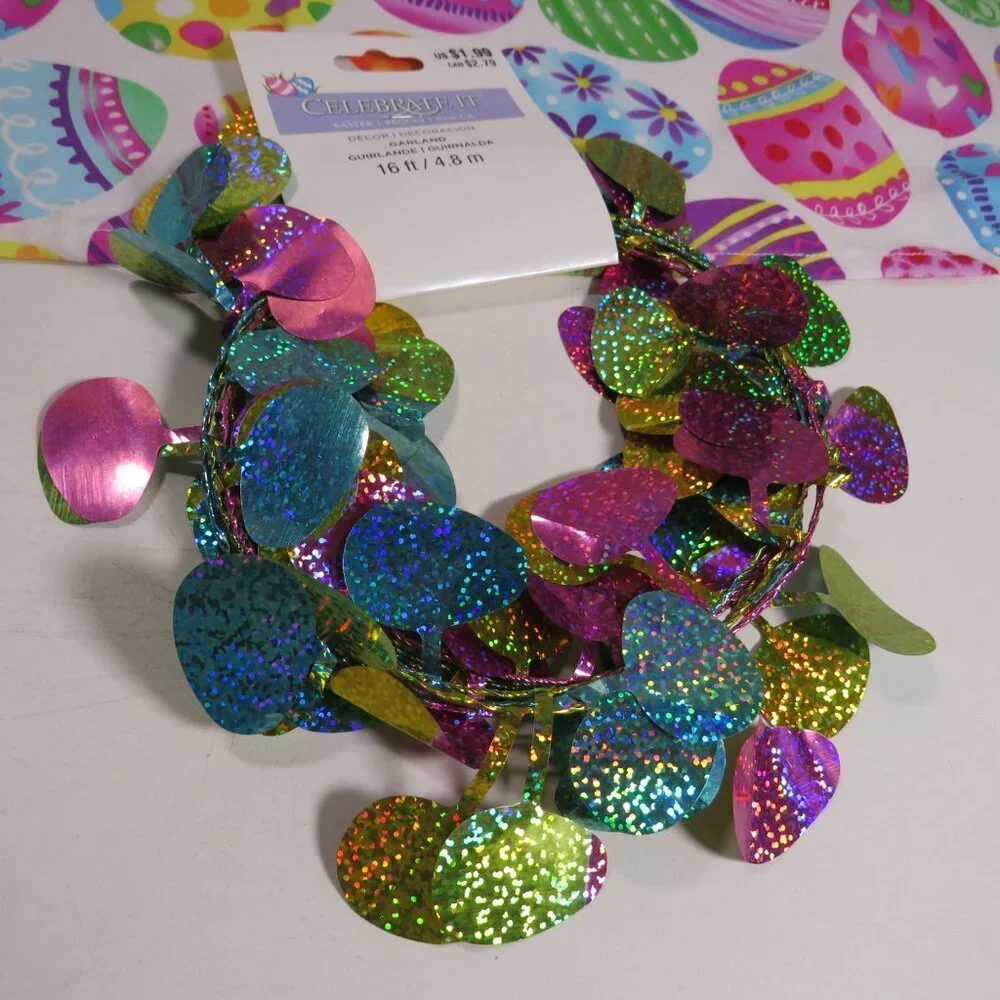 Colorful Easter Egg Table Runner, Sm Tablecloth, Hot Pad & Wire Garland